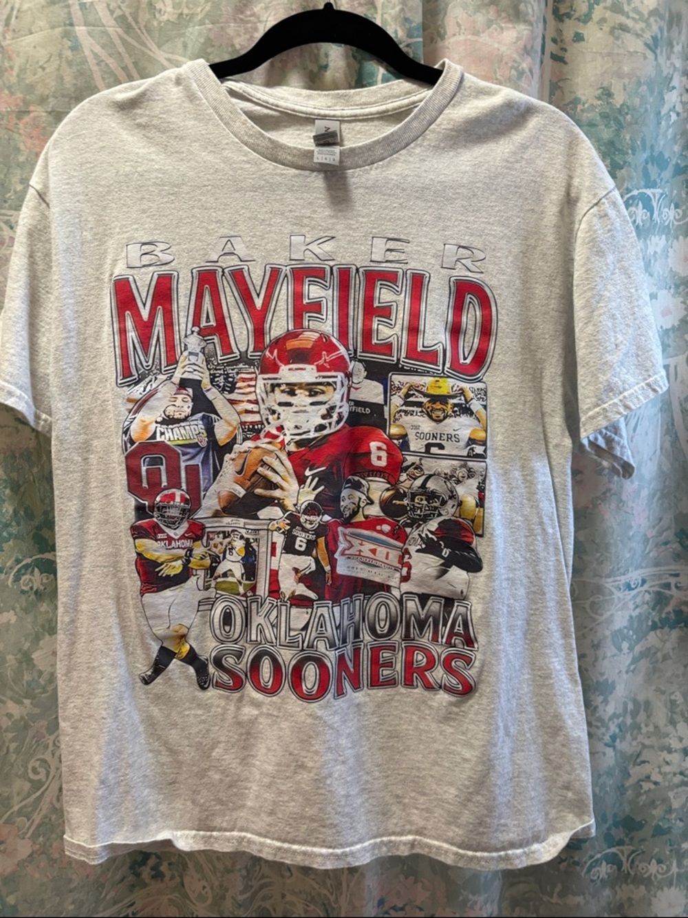 Gildan Heather Beige Crewneck Graphic Tee - Gildan Beige baker mayfield Oklahoma